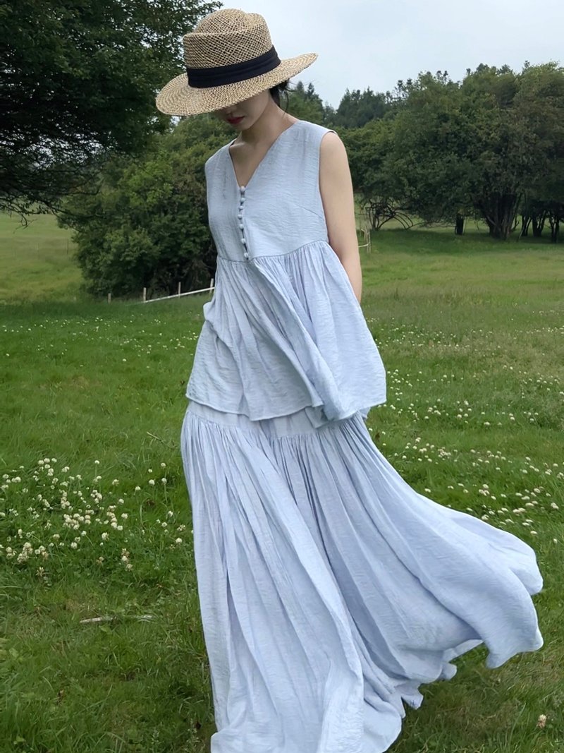 月蓝 寬鬆肌理感背心 半裙套装 - 女装背心 - 其他材质 蓝色