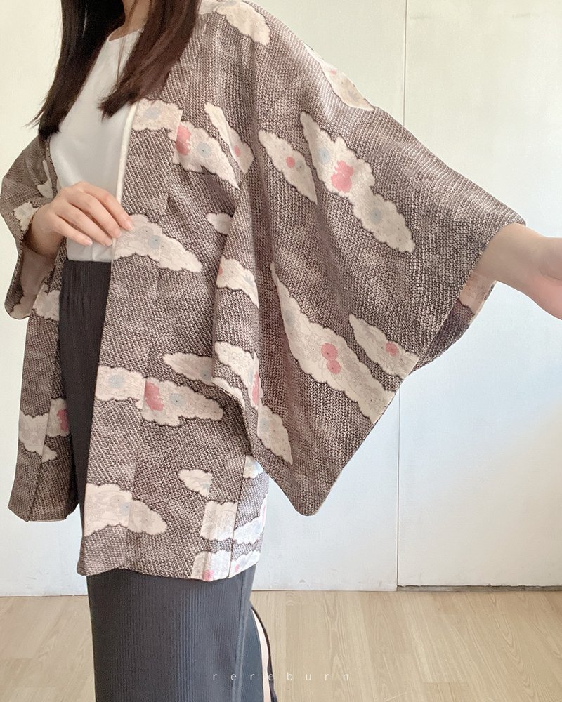 日本制和风印花可可紫薄款古着羽织和服外套-瑕疵特 - 女装休闲/机能外套 - 聚酯纤维 紫色