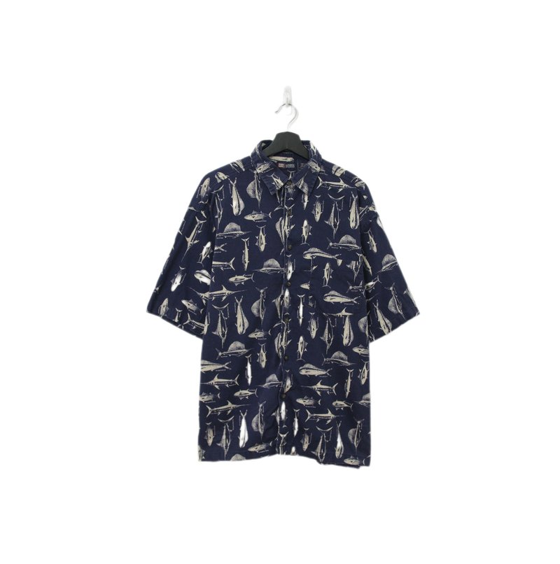 Back to Green-鱼图腾短袖衬衫 海洋鱼种 蓝 ff-11 vintage shirt - 男装衬衫 - 棉 