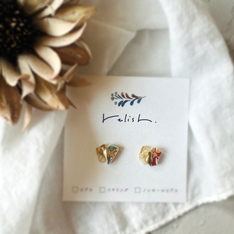 【再贩】鲜艳 有田烧 黄水晶 金继 耳环 耳夹 无耳洞耳夹 天然石 简约 小巧 精致 传统工艺 陶瓷 器皿 陶片 礼物 - 耳环/耳夹 - 陶 黄色