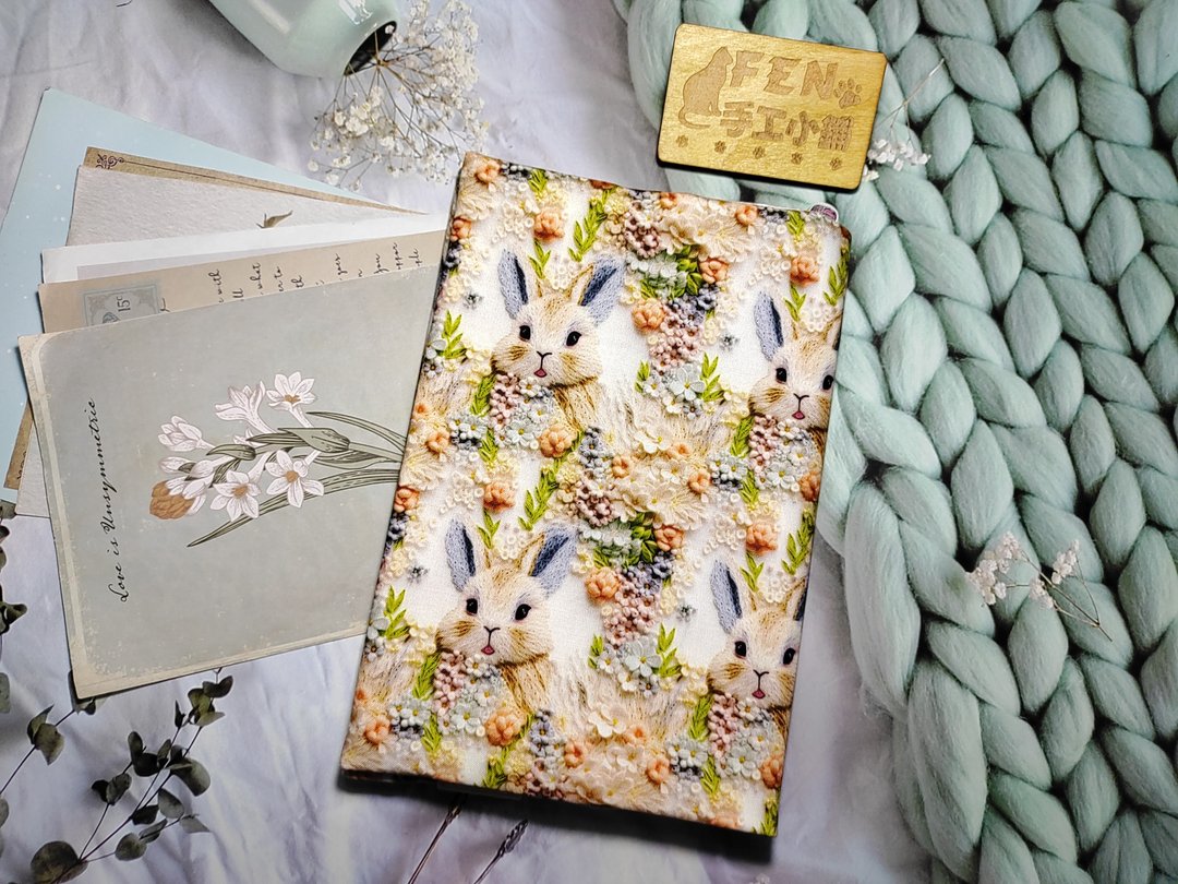 绣画系列-高品质薄棉布料绣画萌兔布书衣-布书套-适用A5小-25K - 书衣/书套 - 棉 