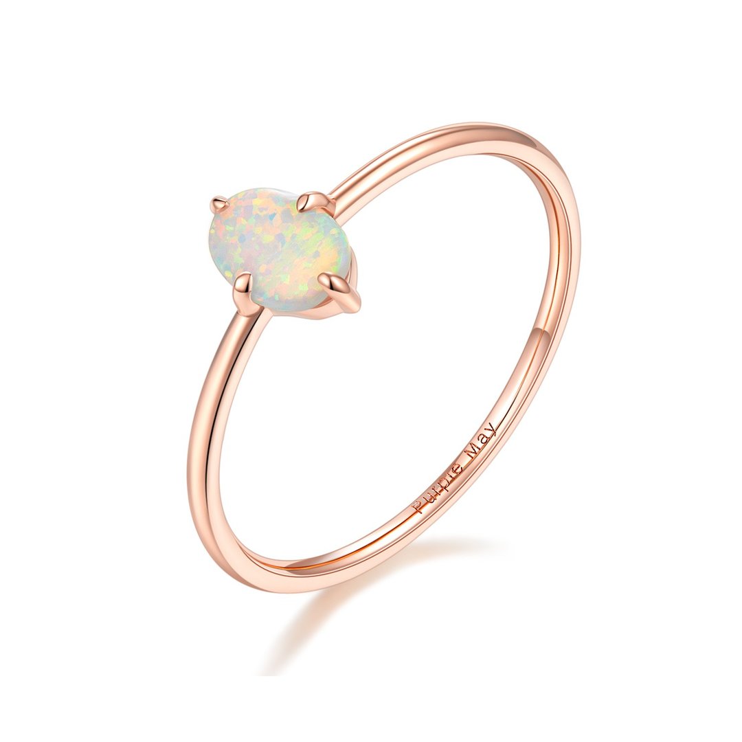 【PurpleMay Jewellery】18K金简约澳宝蛋白石戒指 婚戒订制R025 - 戒指 - 宝石 白色