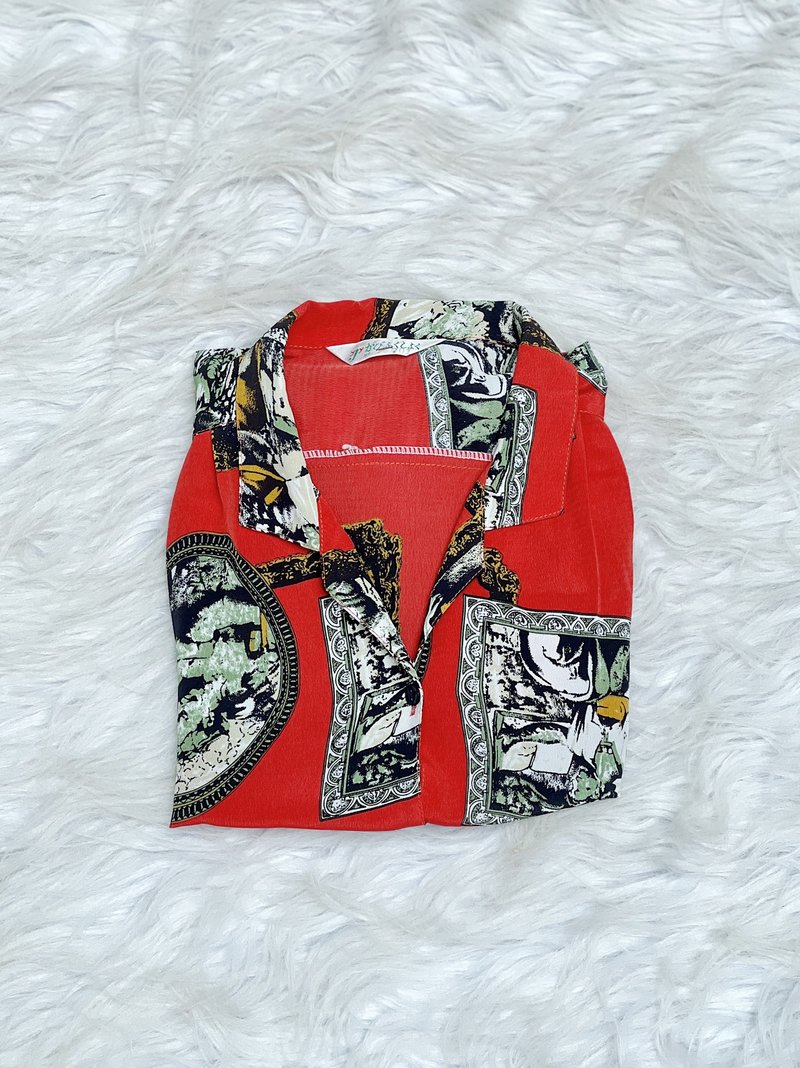 午后橙橘巴洛克澎袖 雪纺纱薄料衬衫上衣罩衫shirt vintage 古着 - 女装衬衫 - 聚酯纤维 多色
