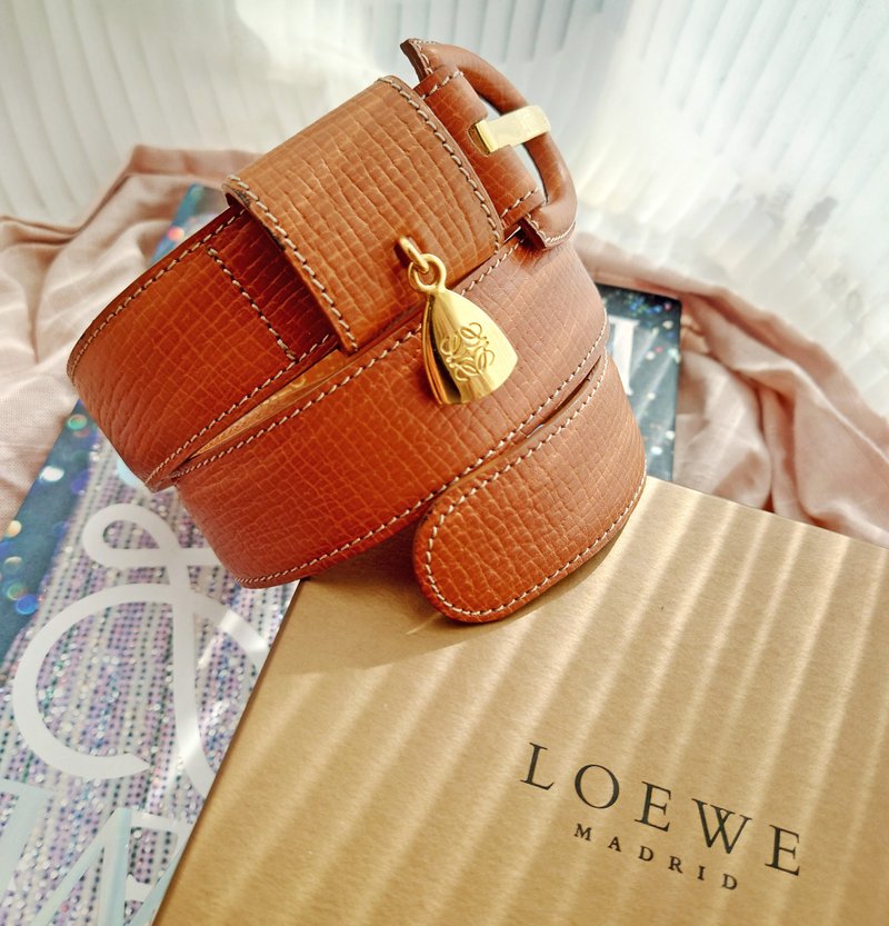 中古孤品 正版附盒 Loewe 树纹 皮革 金棕 vintage 腰带皮带 belt - 皮带/腰带 - 真皮 咖啡色