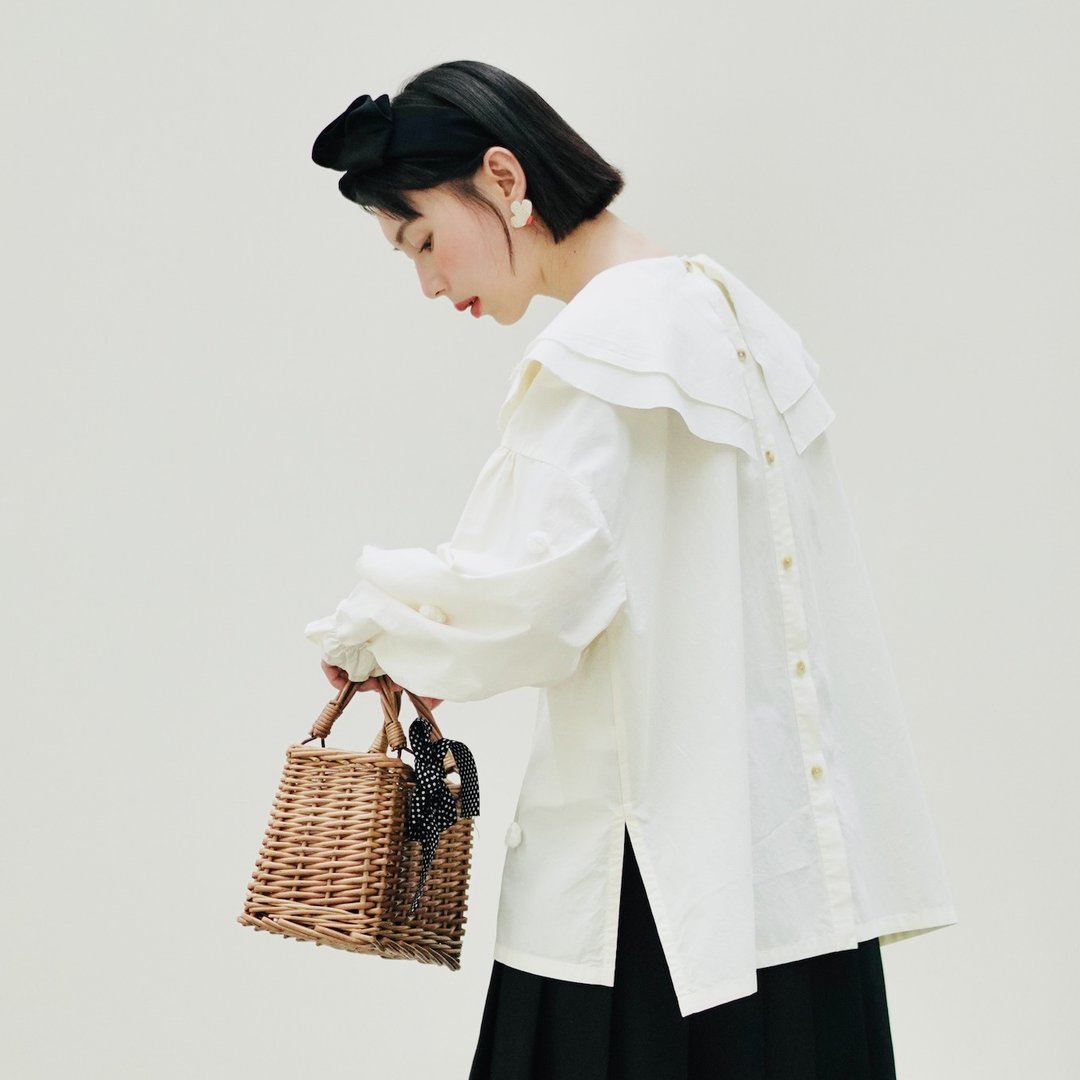 杏色纯棉大领子上衣 / 衬衫 爆米花 - 女装上衣 - 棉．麻 白色