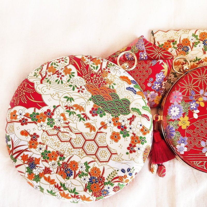 金边樱花小圆包双面米色红色手拿肩背春节情人节礼物口金包 - 侧背包/斜挎包 - 棉．麻 红色