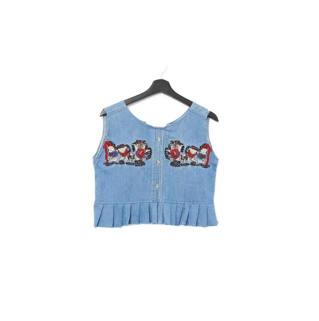Back to Green-丹宁刺绣背心 布置小熊 花圈 dv-27//vintage vest - 女装背心 - 棉 