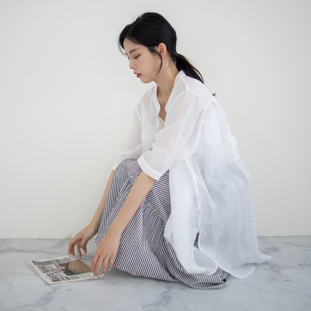 双口袋透气中长苎麻罩衫 白 F - 女装上衣 - 棉．麻 白色