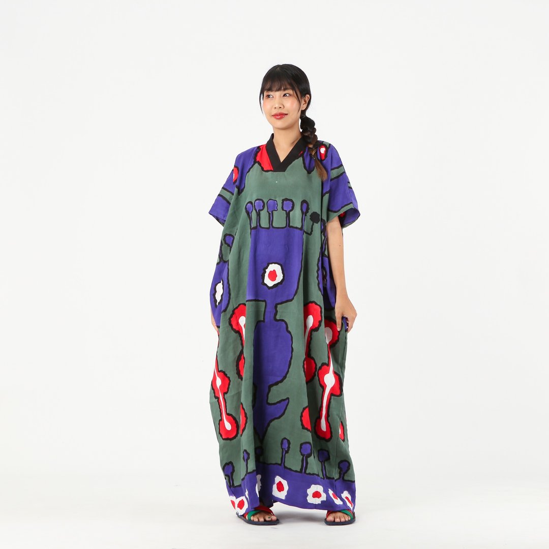 Kaftan V Nack Silk Linen Hand Paint Free Size - 洋装/连衣裙 - 亚麻 绿色