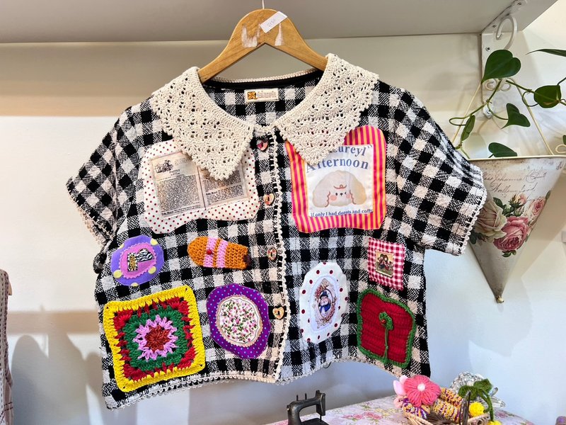 【Size M】 幸福拼布短款上衣 - 女装上衣 - 棉．麻 白色