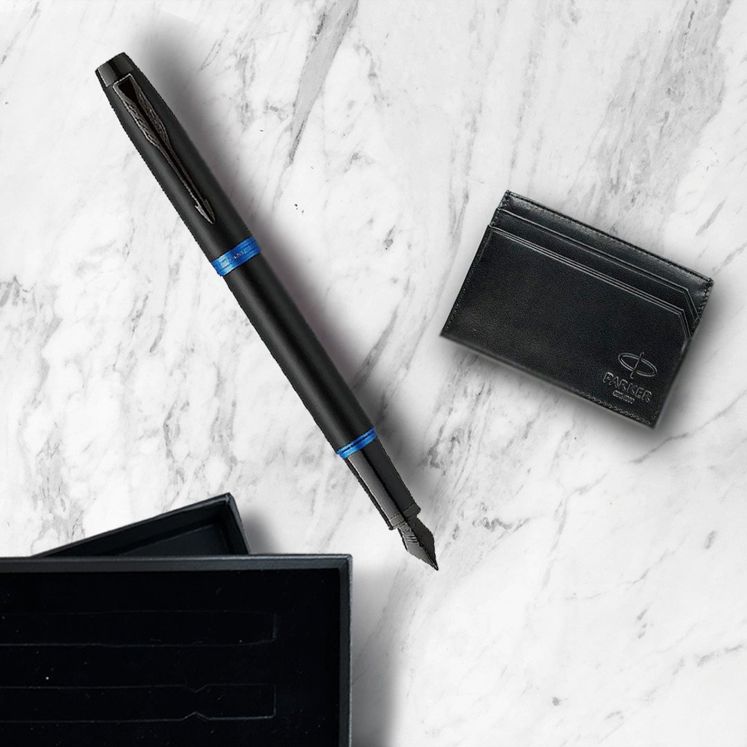 Parker 派克新IM 魅影黑(蓝环)钢笔  牛皮卡夹礼盒 免费刻字 - 钢笔 - 其他金属 黑色