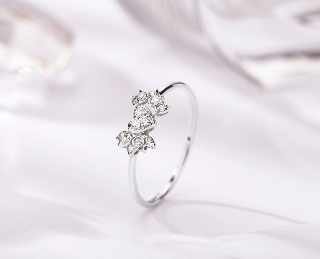钻石14k白金心形订婚戒指 独特丘比特之翼结婚戒指 天使翅膀钻戒 - 戒指 - 钻石 银色