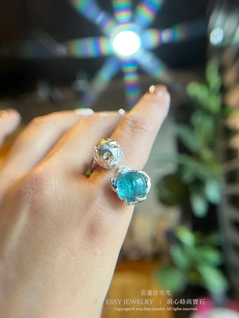 蓝碧玺 纯银自然有机形造型戒指 - 戒指 - 纯银 蓝色