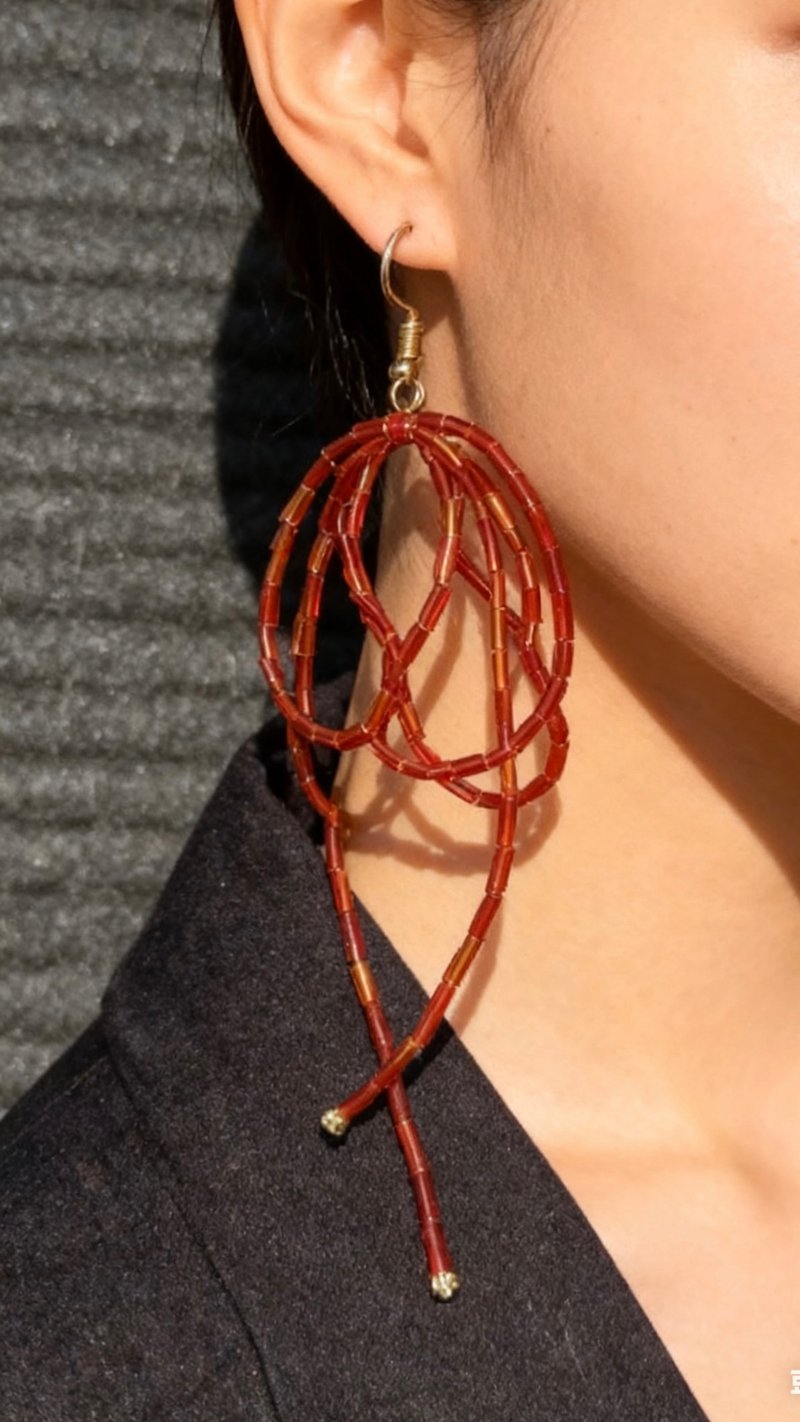 Crystal.EAA 设计款琉璃耳饰 KC金赤练垂丝耳环 - 耳环/耳夹 - 琉璃 红色