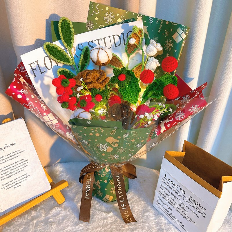 圣诞限定 职人手作 LED 微光编织花束 - 干燥花/捧花 - 棉．麻 