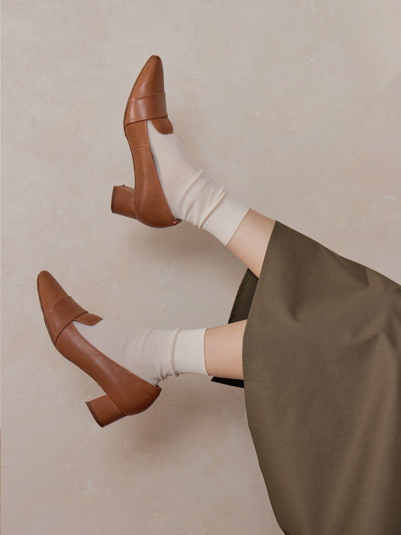 跳舞!擦色小跟鞋-轻哼 - 高跟鞋 - 真皮 咖啡色