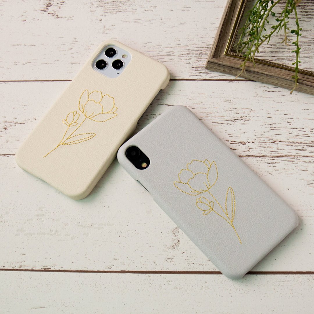 简约金色花卉刺绣手机壳 多机种对应 iPhone/Android (A087I) - 手机壳/手机套 - 真皮 白色