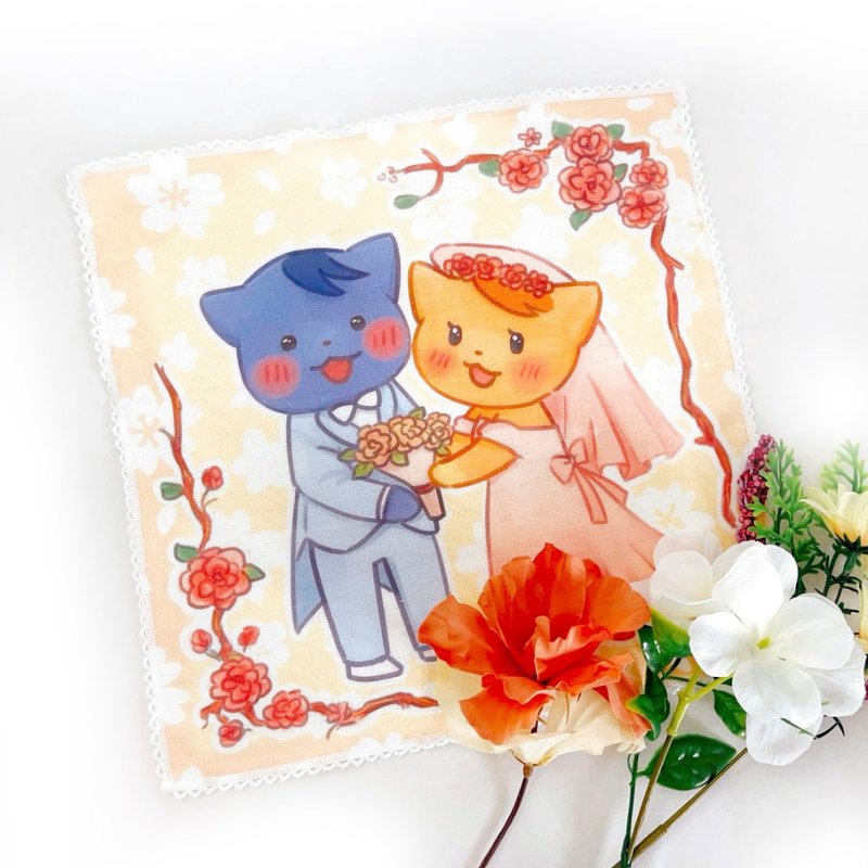 纯棉100% MIT不掉色::插画小方巾-猫猫的婚礼 - 手帕/方巾 - 棉．麻 粉红色
