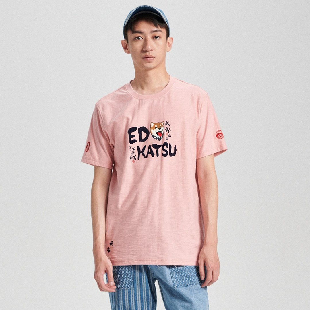 江户胜 日系 男装 笑脸胜太郎短袖T恤(粉红色) #上衣 - 男装上衣/T 恤 - 棉 粉红色