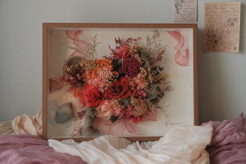 干燥永生捧花保存/  植物图鉴 相框花 木框 古董 结婚 纪念 婚礼 - 画框/相框 - 植物．花 多色