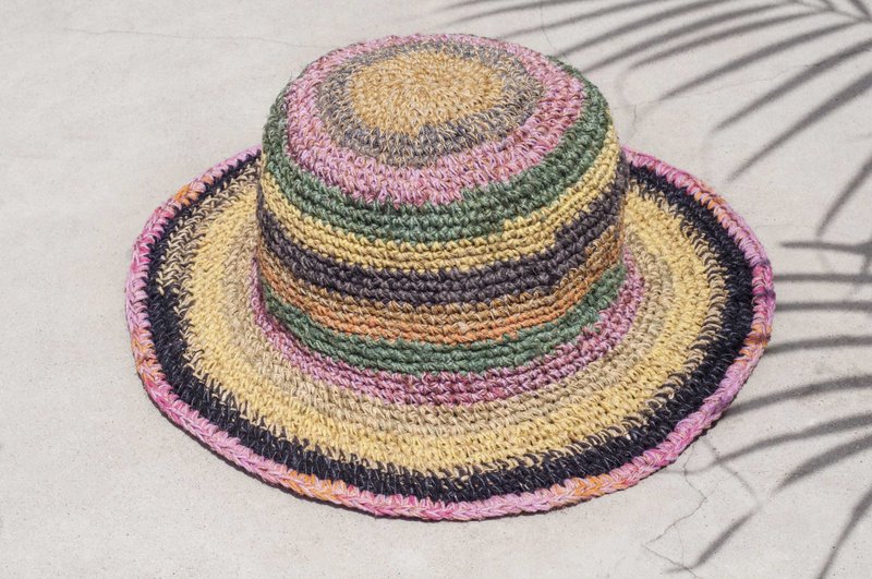 手工编织棉麻帽 编织帽 渔夫帽 遮阳帽 草帽 -热带水果茶彩虹条纹 - 帽子 - 棉．麻 多色