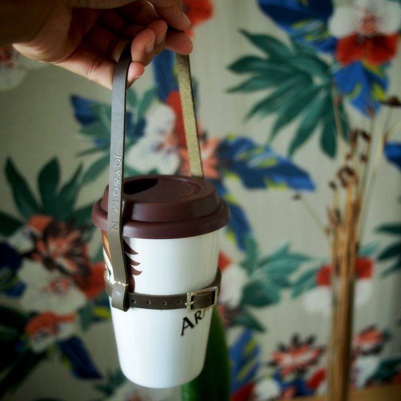 Handmade beverage cup handle green crazy hourse leather , adjustable belt - 随行杯提袋/水壶袋 - 真皮 绿色