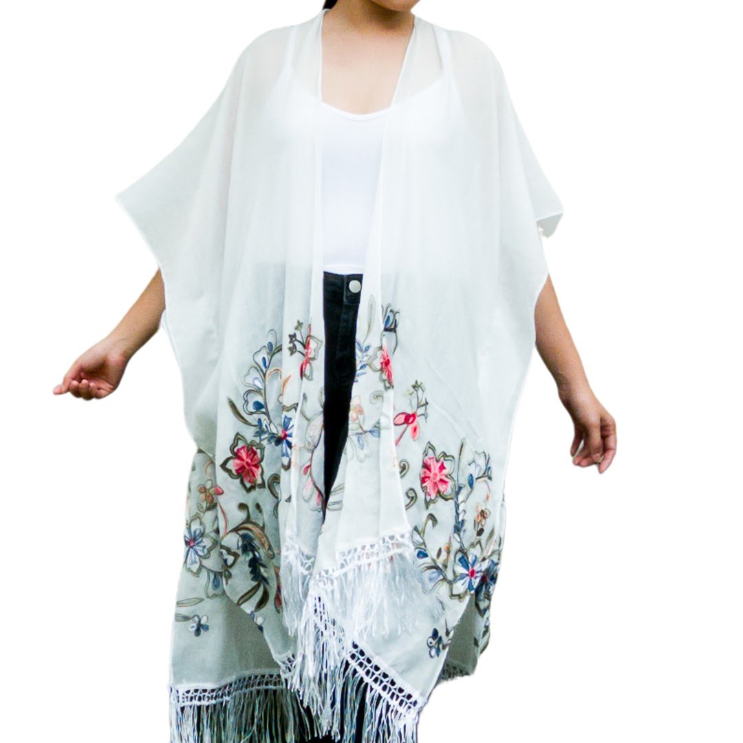 夏季和服刺绣花卉/白色开衫/沙滩罩衫 - 女装上衣 - 棉 白色