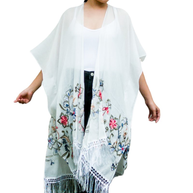 夏季和服刺绣花卉/白色开衫/沙滩罩衫 - 女装上衣 - 棉．麻 白色