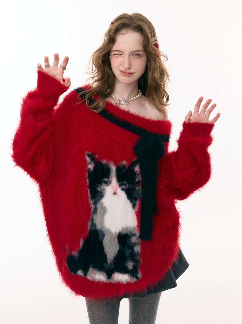 ziziFei''别管我的嚣张''秋冬季猫咪图案圣诞新年红色战袍毛衣女 - 女装针织衫/毛衣 - 其他材质 红色