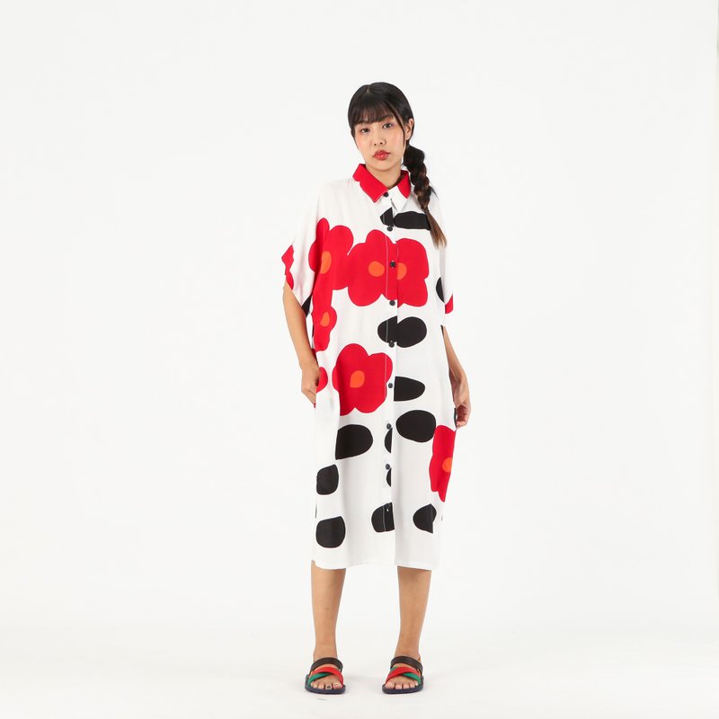 Shirt Dress Kaftan Cotton Rayon Hand Paint Free Size - 洋装/连衣裙 - 棉 白色