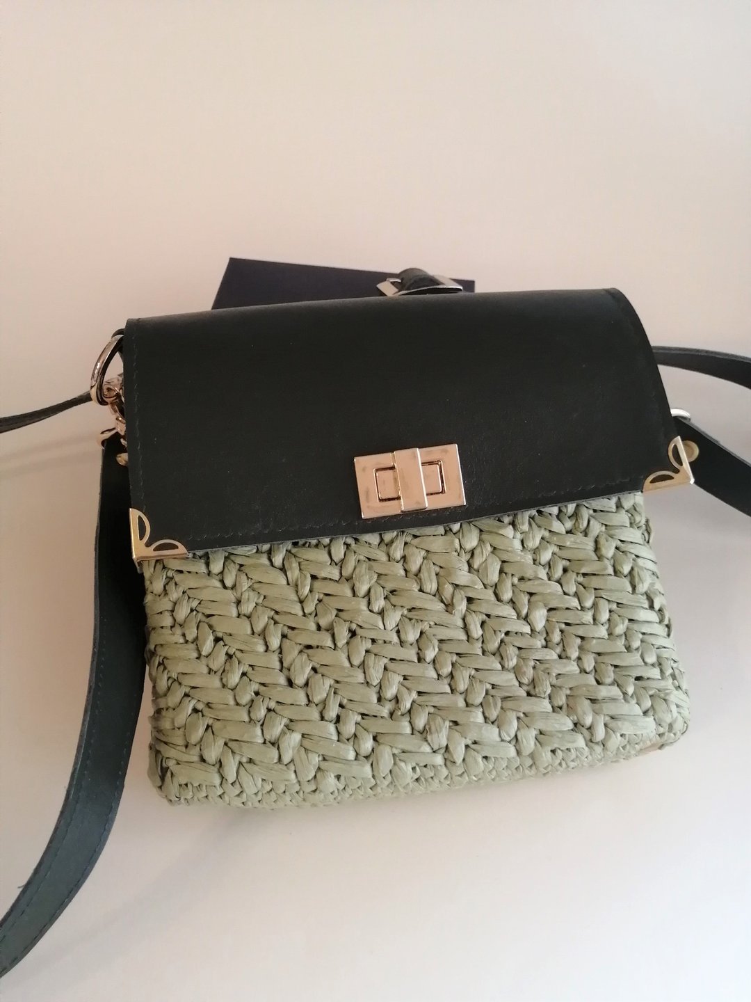 HANDBAG, RAFFIA Crossbody Bag, Crochet Raffia Pattern Shoulder Strap Leather Pur - 手提包/手提袋 - 真皮 绿色