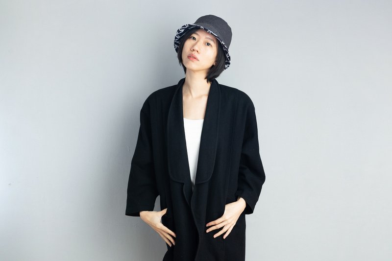日式风情 灰色牛仔深蓝色线条毛呢感渔夫帽 - 帽子 - 棉．麻 灰色