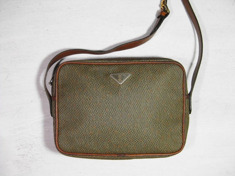 ~后菜园~古着  Yves Saint Laurent YSL 斜背方包 - 侧背包/斜挎包 - 真皮 咖啡色