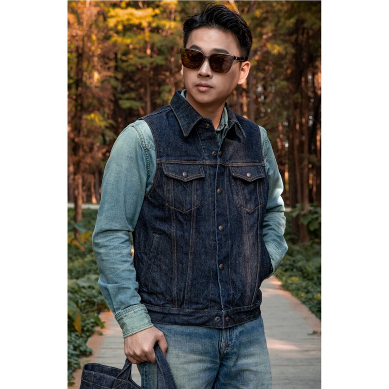 牛仔背心 马甲 21OZ 古董梭织机 蓝色布边 526V - 男装背心 - 棉．麻 蓝色