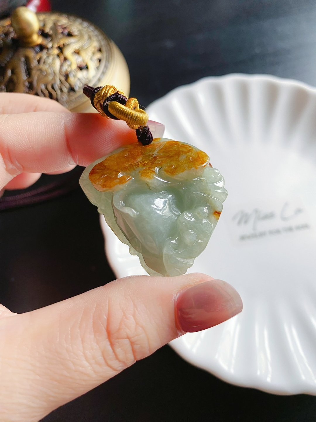 天然缅甸玉翡翠 黄翡 蝙蝠如意 包挂 长寿 礼物 福到 长辈 - 吊饰 - 玉石 咖啡色