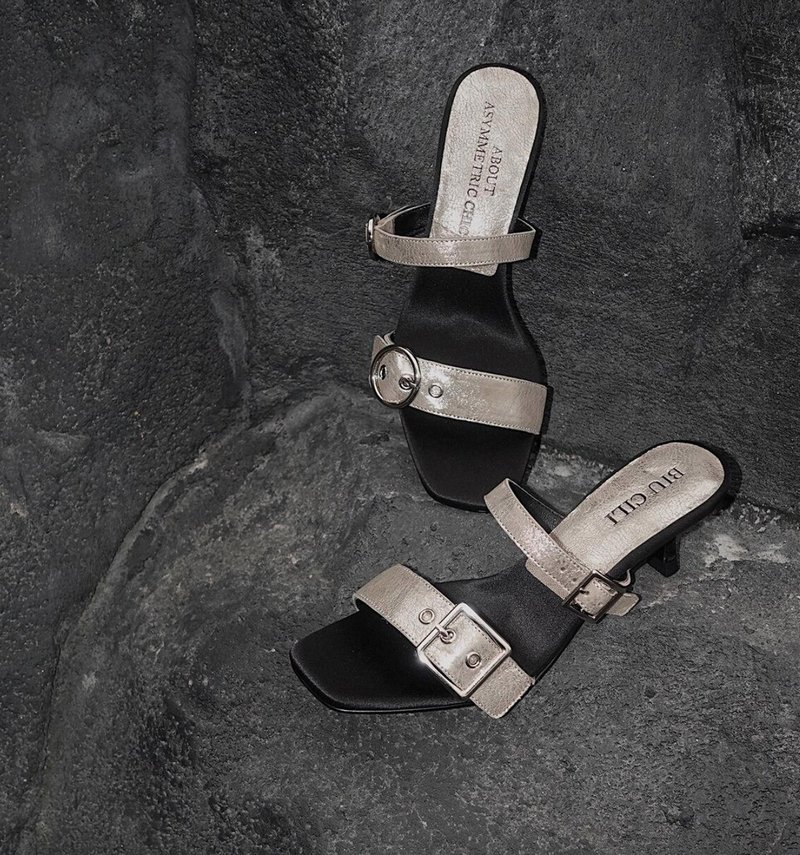 流动浪漫 金属皮猫跟露趾凉鞋 手工製 - 高跟鞋 - 真皮 绿色