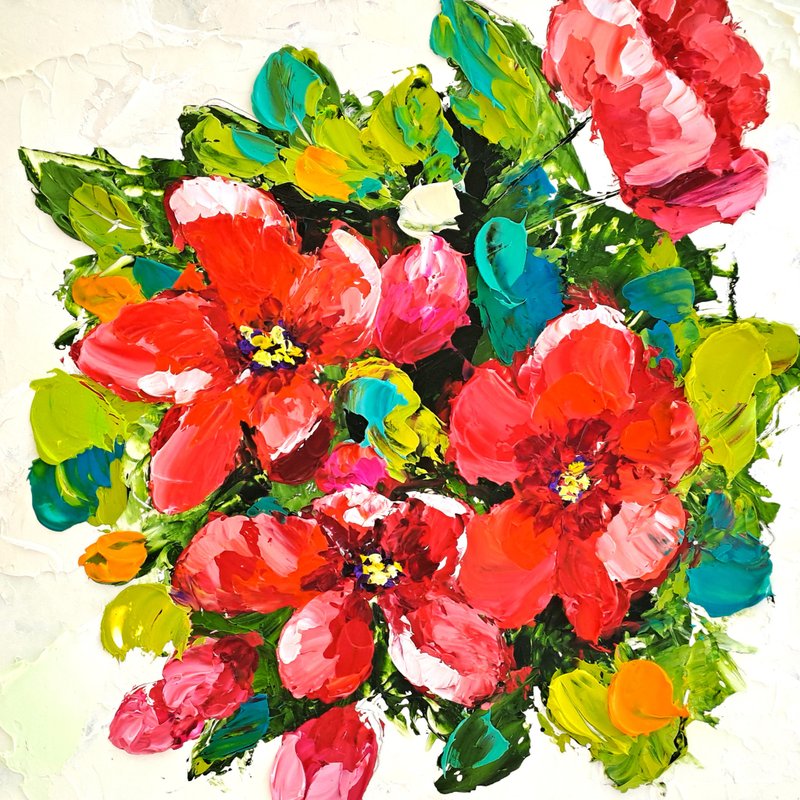 Wild Roses Painting Rose Original Art Rosehip Impasto Oil Painting Floral Art - 海报/装饰画/版画 - 其他材质 多色