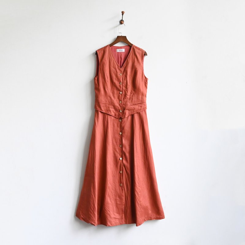 【蛋植物古着】热情夕阳假两件式无袖古着洋装 - 洋装/连衣裙 - 棉．麻 