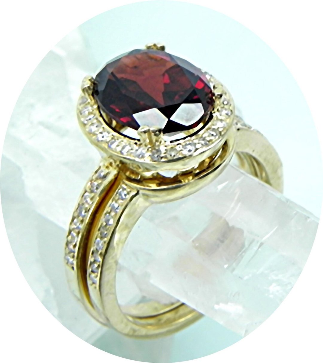 14K 铂金 3.5 克 3 克拉 AAAA 级 10x8 毫米锰铝榴石 0.30 克拉钻石装饰光环订婚戒指 - 戒指 - 宝石 红色