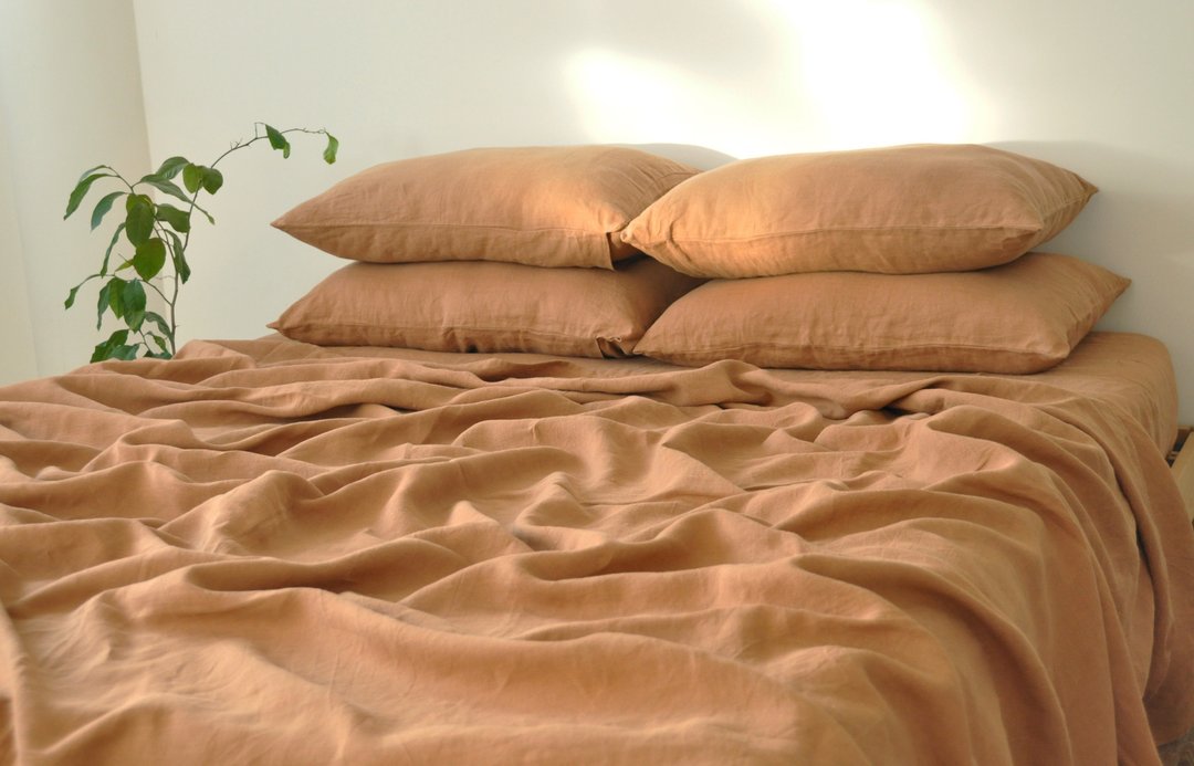Clay linen sheet set / Flat+fitted sheet+2 pillowcases / Brown bedding - 寝具 - 亚麻 咖啡色