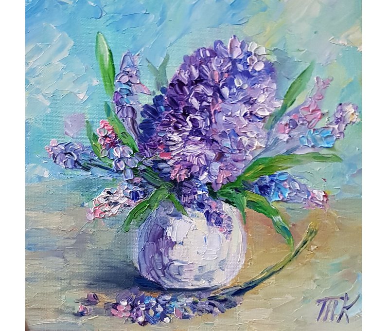 风信子原创油画花卉艺术帆布画 20x20 厘米 挂画 客厅的画 - 海报/装饰画/版画 - 其他材质 紫色