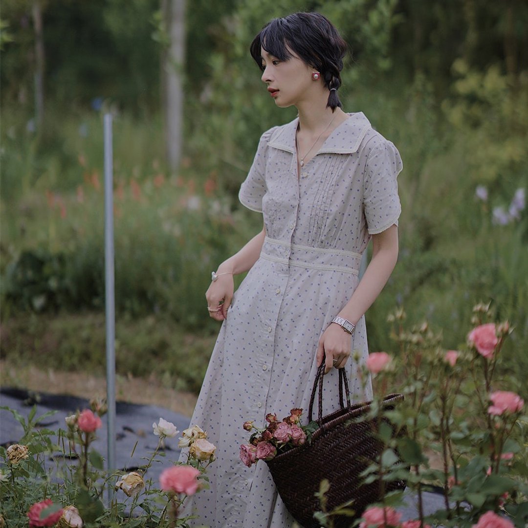 薰衣草印花收腰连衣裙|洋装|夏款|Sora-956 - 洋装/连衣裙 - 棉 