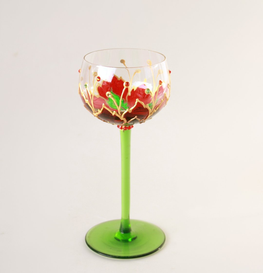 Poinsettia Aperitif Glass, Grappa , Liqueur, Sweet Wine, Poppy, Hand-painted - 酒杯/酒器 - 玻璃 红色