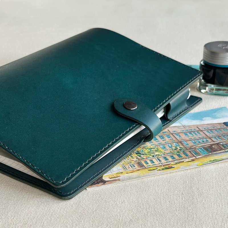 Accademia A5 六孔活页皮革笔记本/手帐/植鞣革/手工缝制-森青色 - 笔记本/手帐 - 真皮 蓝色