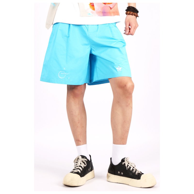 舒适百慕达五分短裤__粉蓝色纯棉绣花短裤 - 中性裤装 - 棉．麻 蓝色