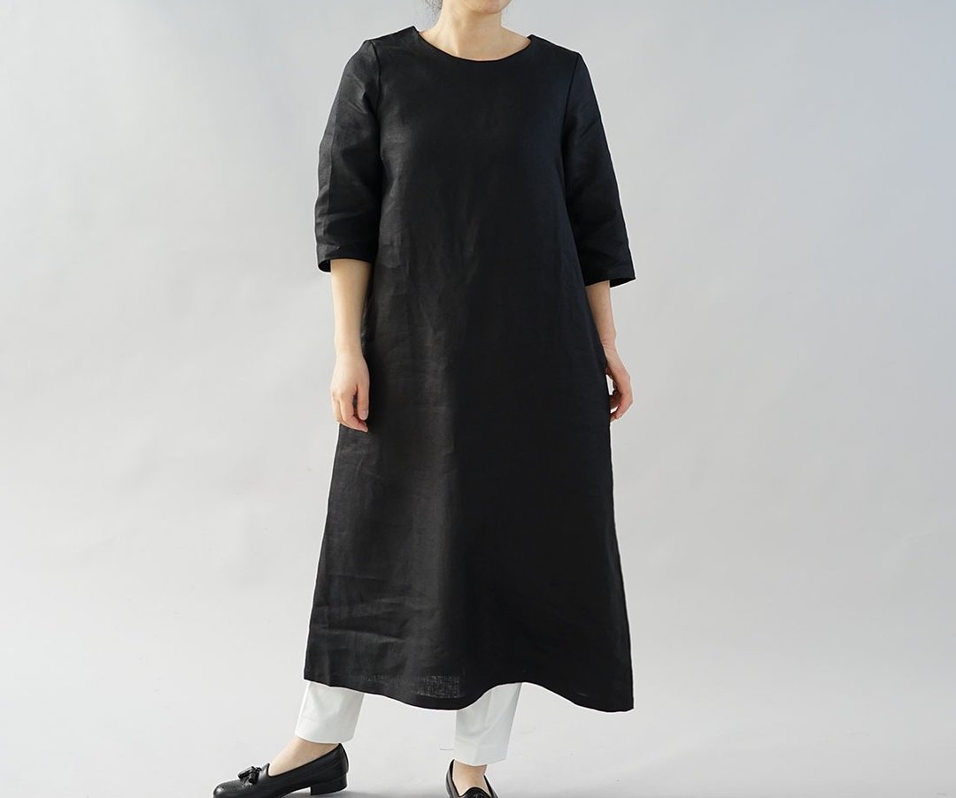 wafu - 純亞麻洋裝 Midweight Linen Simple A-line Dress / Black a032d-bck2 - 洋装/连衣裙 - 亚麻 黑色