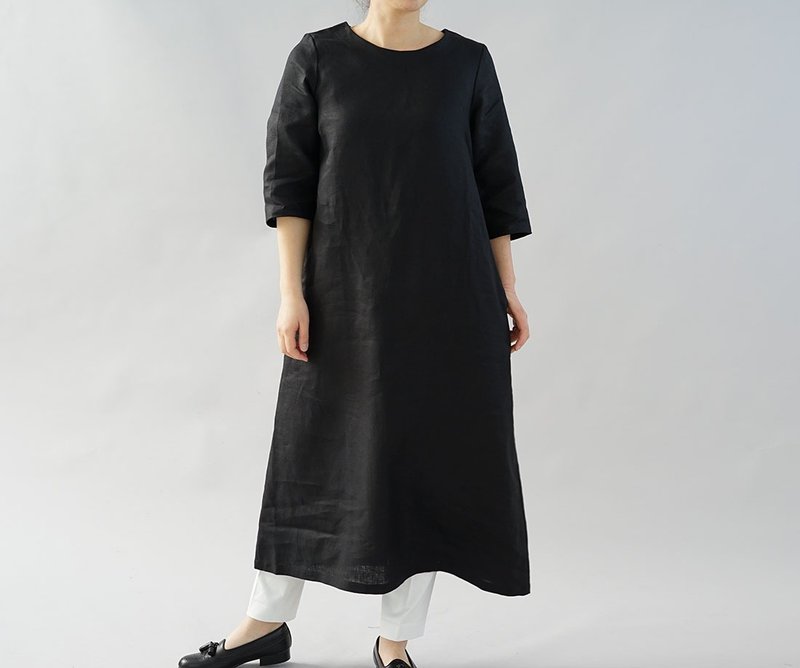 wafu - 純亞麻洋裝 Midweight Linen Simple A-line Dress / Black a032d-bck2 - 洋装/连衣裙 - 亚麻 黑色