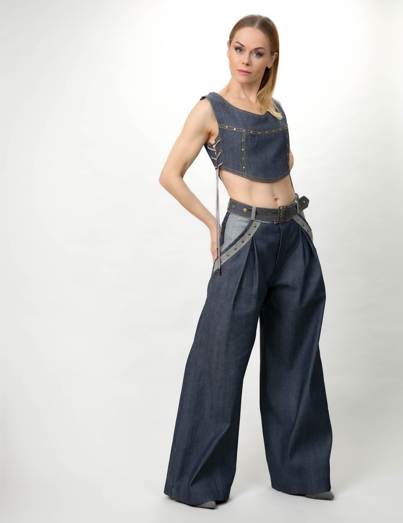 ROCKSTAR 系列 | 牛仔短款上衣 (側邊綁帶) - 大膽時尚! - 女装长裤 - 其他材质 多色