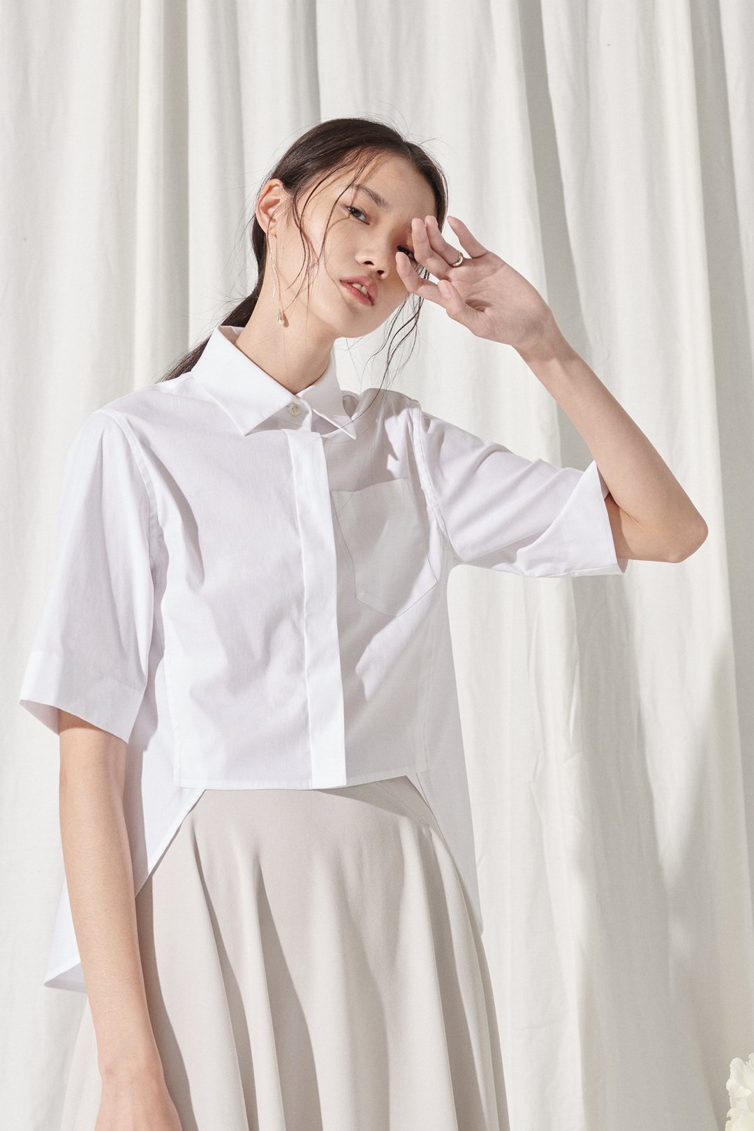 小短版尖领衬衫 - 女装衬衫 - 棉 