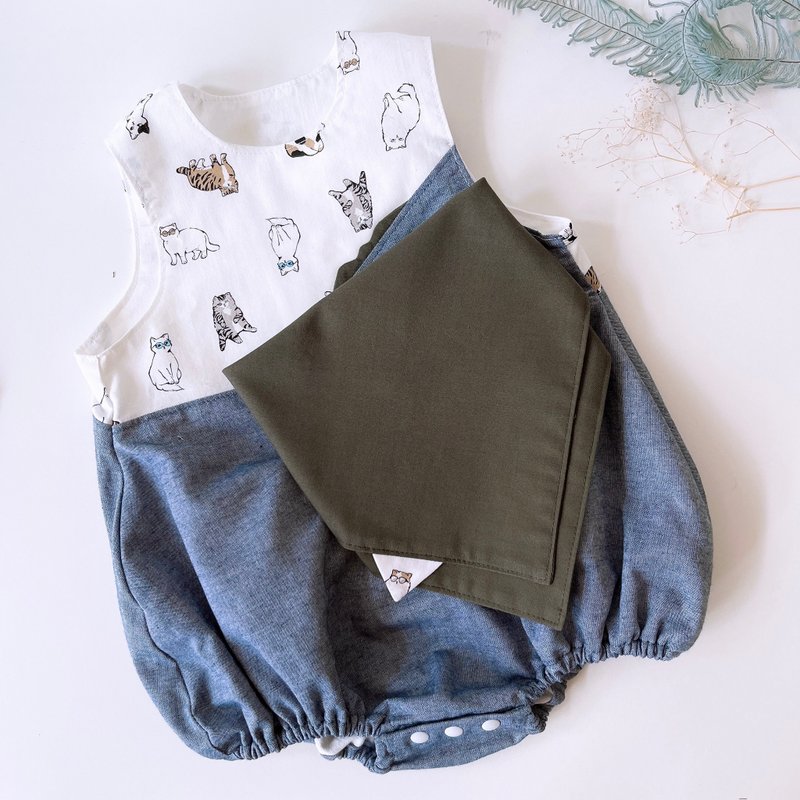 岛森家  / 孩子的大山系列 / 时尚猫咪(牛仔色水洗棉) - 包屁衣/连体衣 - 棉．麻 蓝色